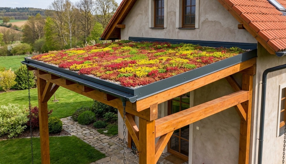 Dřevěná pergola se zelenou střechou