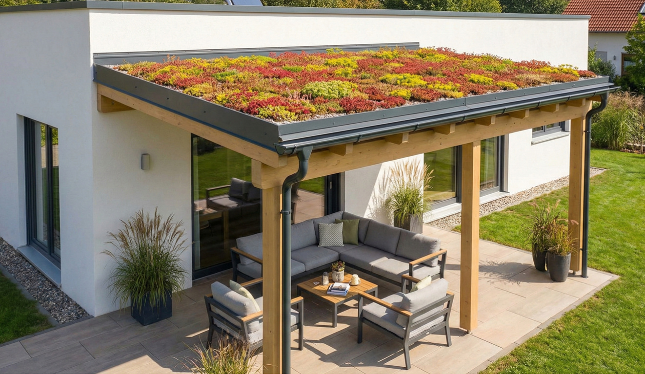 Dřevěná pergola se zelenou střechou